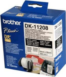 Brother DK11208  38mm x 90mm  Black on white QL tape.