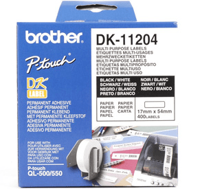 Brother DK11204  17mm x 54mm  Black on white QL tape.